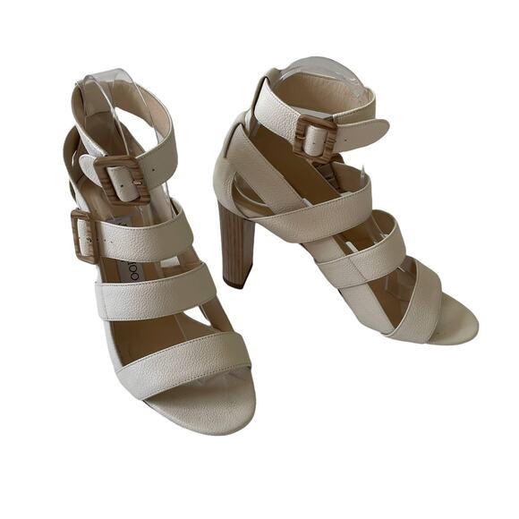 Jimmy Choo Maya 85 Cage Sandal Wood Heel Pebbled Leather Cream 37.5 - Picture 14 of 14
